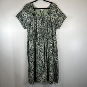 Sahalie Women's Green 100% Cotton Dress Size 2XL Elastic Waist, Rough Edge Hems